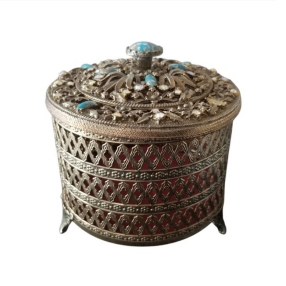 Vintage Silver-Tone Filigree Jeweled Trinket Box